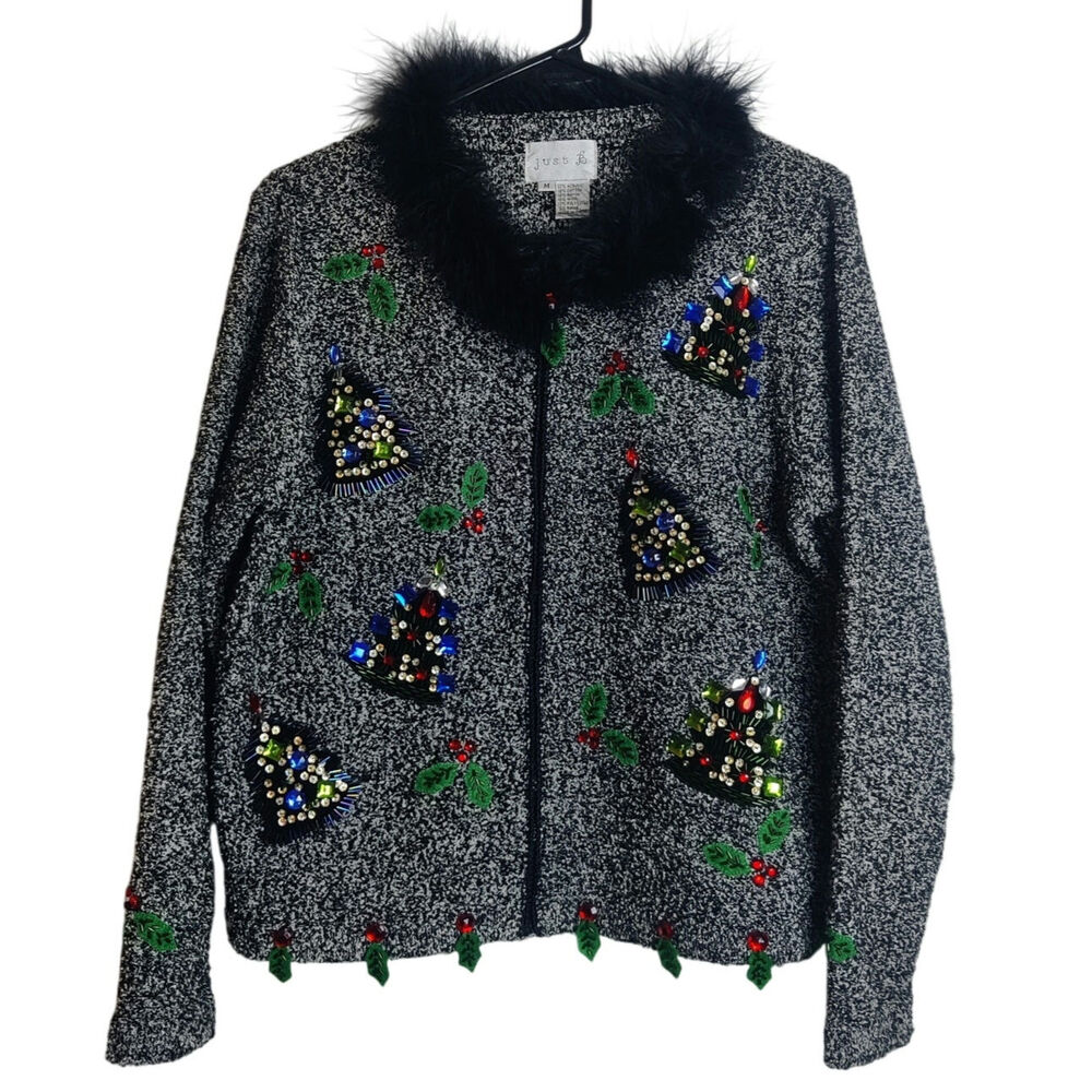 Vtg Just B Embellished Jewelled Full Zip Christmas Sweater Medium Faux Feather